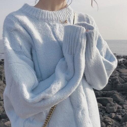 Thick Sweater Womens Soft Milk Blue Japanese Fashion Autumn and Winter 2020 Loose Knit Pullover Sweaters for Women