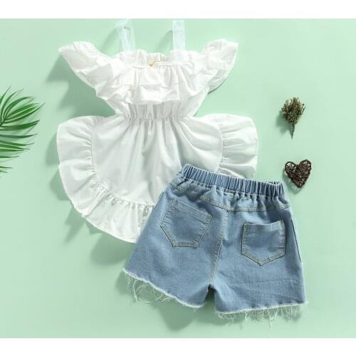 Solid Color Ruffle Swallowtail Tops Denim Blue Shorts 2pcs 2-7Y Summer Fashion Toddler Kid Baby Girls Clothes Sets