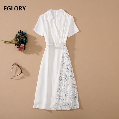 High Quality New Business Womens Dress Notched Collar Color Block Floral Print Patchwork Short Sleeve Mid-Calf Pleated Dress OL