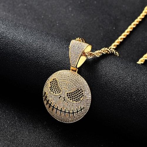Jewelry Brass Ghost Charm Iced Out Cz Stone Skull Head Grimacing Pendant Necklace Kalung HipHop Jewelry