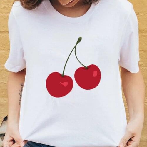 Korea Style Tops Kawaii Cherry Graphic Print Women T Shirt Short Sleeve O Neck T-shirt Casual Cotton Sweet Cute Girls Tshirt