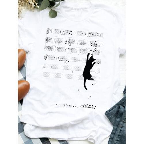 Music Sheet Cat Print T Shirt Women Short Sleeve O Neck Loose Tshirt Women Tee Shirt Tops Female Clothes Camisetas Mujer
