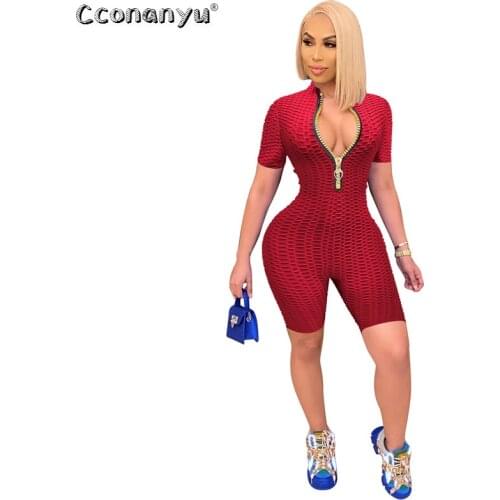 Women Short Solid Jumpsuits Short Sleeves Turtleneck Zippers Rib Bodysuit Skinny Outdoor Wear