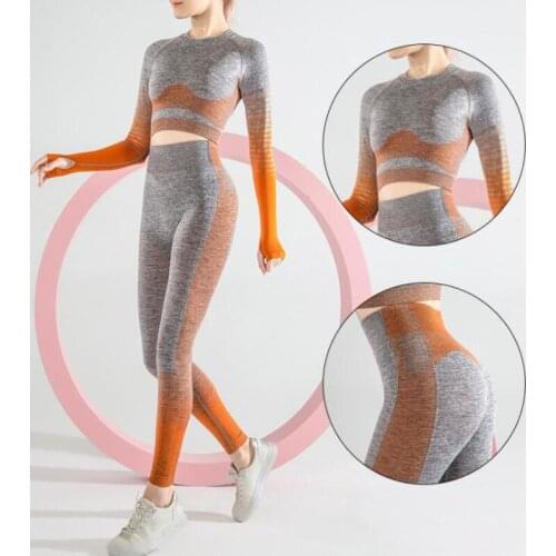 Seamless Rib Yoga Set Sport Outfits Women Two 2 Piece Dry Fit Tight Long Sleeve Crop top+Leggings Workout Gym Suit Fitness Sets