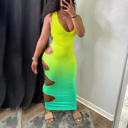 Puloru New Sexy Women Sleeveless Cut Out Bodycon Maxi Dress Summer Fashion Gradient Color V-Neck Low Cut Skinny Tank Dress
