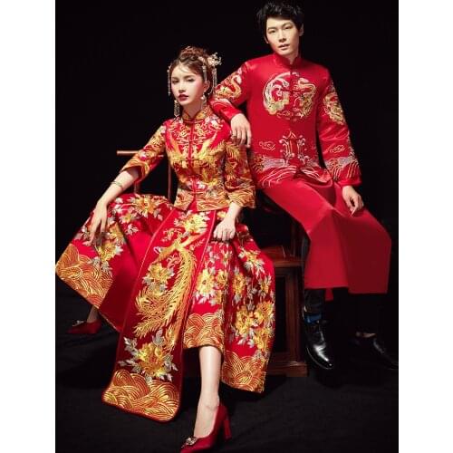 Golden Red Embroidery Couple Modern Chinese Wedding Dress Long Traditional Clothes China Qipao китайская одежда