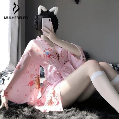 Kimono Uniform Women Loose Sleeping Top Cartoon Print Sexy Deep V Flared Sleeve Nightdress Bow Tie Thong 3PCS Cosplay Uniform