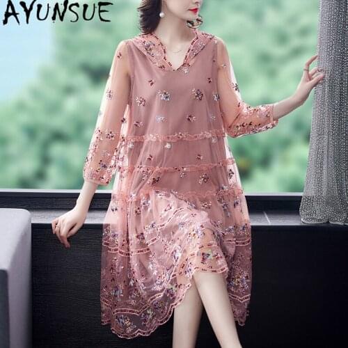 AYUNSUE Woman Dress 2021 Spring Summer Mesh Plus Size Dress Elegant Embroidery Floral Korean Dresses Hooded Party Vestido KJ7028