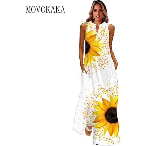 MOVOKAKA Sunflower Print White Dress Summer Casual Holiday Beach Vintage Dresses Woman Party Elegant Sleeveless Long Dress Women
