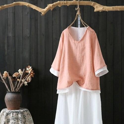 Women Loose V Neck Half Sleeve Patchwork Blouse Tops Ladies Vintage Summer Shirt Female 2020 Blouses