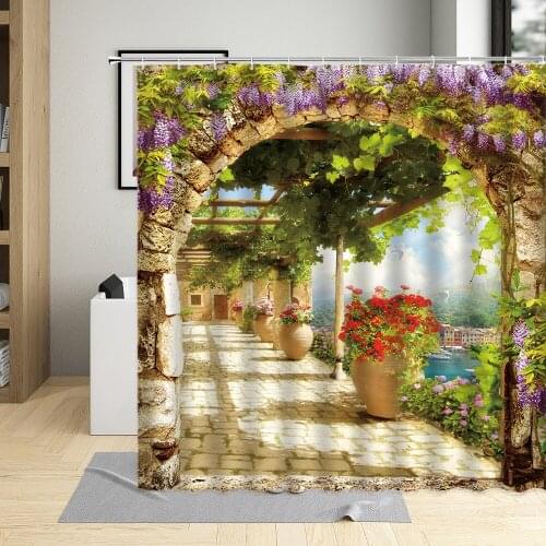 Flower Arch Bridge Corridor Shower Curtain Street Head Small Town Landscape Home Bathroom Decorative Cloth Waterproof With Hook