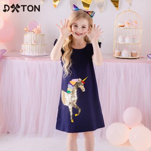 DXTON Unicorn Children Dress Cartoon Girls Casual Dress Flying Sleeve Toddler Kids Dress For Girls Star Appliqued Girl Clothing