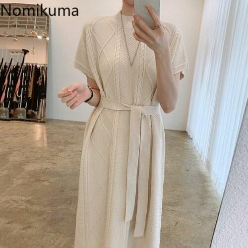 Nomikuma Korean Twisted Short Sleeve Sweater Dress Knitted O-neck Sashes Lace Up Slim Waist Dresses Spring New Vestidos 6E009