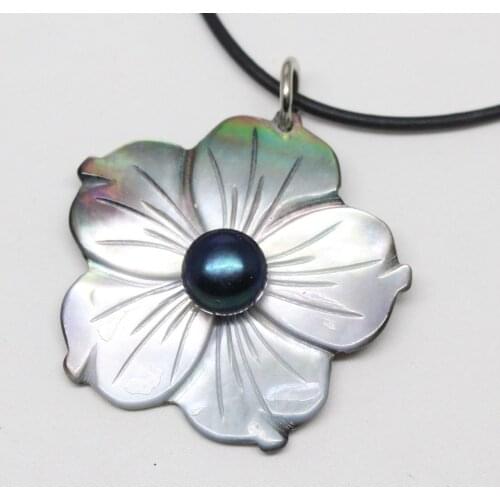 Beauty 33mm Gray Shell mother of pearl 8mm Black Real pearl Pendant necklace 17inches