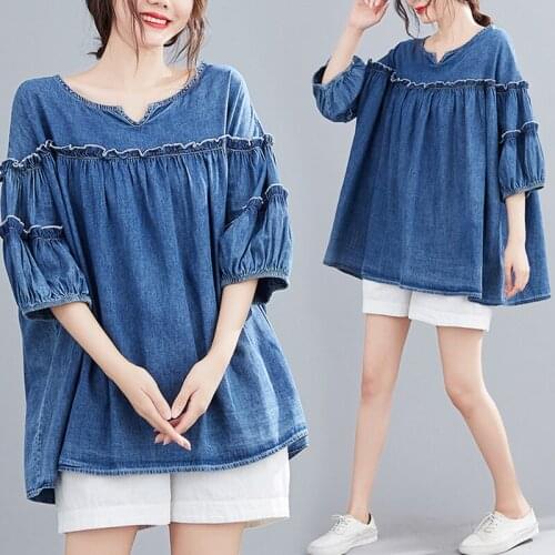 Summer Plus Size Women Blouse Shirt Ruffles Cotton Denim Lady Tops Tunic Loose Pleated Casual Oversize Clothing Outerwear