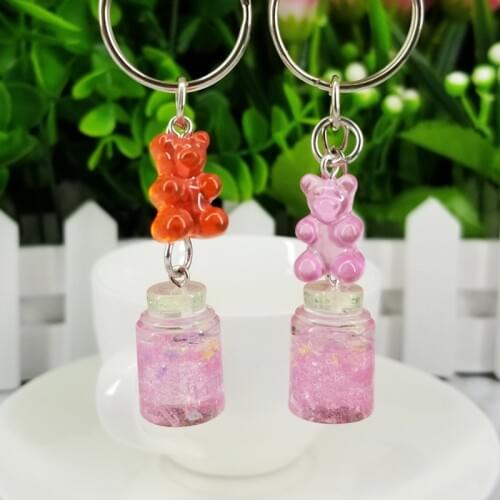 Bear Keychain Sequins Wishing Bottle Keyring Decorative Pendants for Women Bags Car Key Phone Accessories Wedding Party Gifts