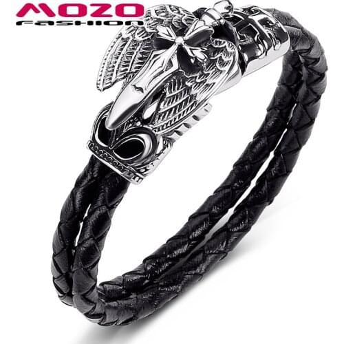 Fashion Male Hot Jewelry Black Double Layer Leather Bracelet Stainless Steel Sword Cross Wings Punk Charm Bangle PS1014