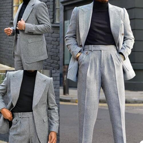 2 Pieces Men Suits Houndstooth Wool Double Breasted High Waist Pant Customized Handsome Party Suits Coat+Pant