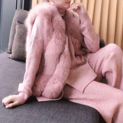 2020 New Knitted Two Piece Set Women Thick Warm Turtleneck Women Sweater and Elastic Wasit Wide Leg Pants Winter Outfits A52