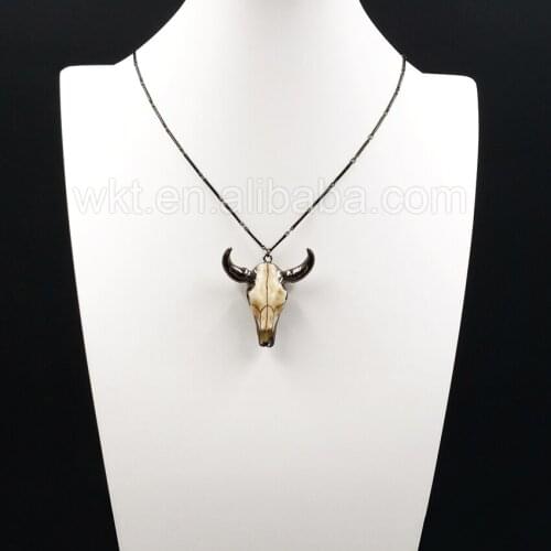WT-N783 New Cattle Necklace Wholesale Resin bull pendant with black gun electroplated 18" black chain unique designs necklaces