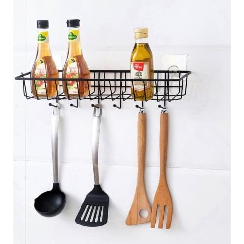 OTHERHOUSE Kitchen Storage Rack Shelf With Hooks Hangers Seasoning Bottles Holder Cooker Holder Bathroom Kitchen Organizer Iron