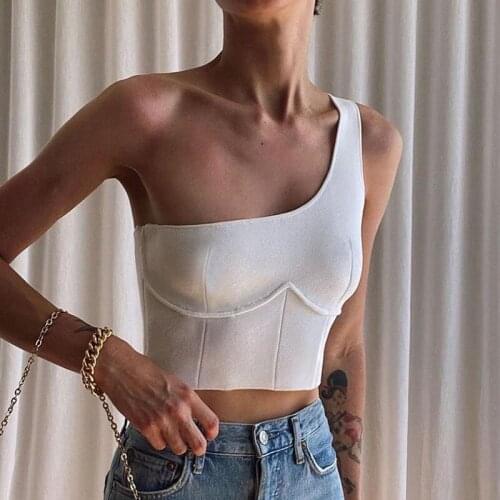Sexy One Shoulder White Tank Top Mini Vest Summer Women Ladies Sleeveless Skinny Black White Crop Tops 2021 Casual Clothes