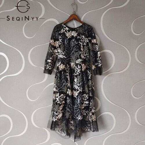 SEQINYY Fashion Runway Dress Summer Half Sleeve Black Women Floral Embroidery Splice Vintage Mini Party Midi