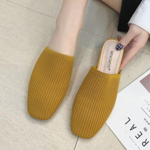 Square Toe Stretch Slippers Low Block Heel Slip On Casual Comfort Lazy Lady Weekends Shoes Flats Spring Summer slippers women