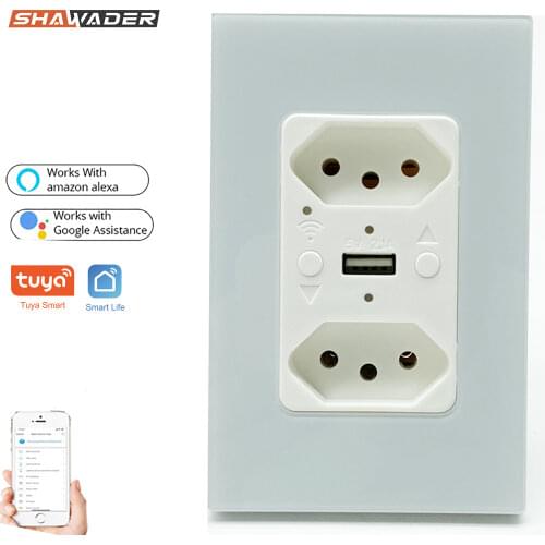 WiFi Smart Tuya Brazil Tomada USB Wall Socket Glass Panel Electrical Plug Brasil Outlets Remote by Smartlife Alexa Google Home