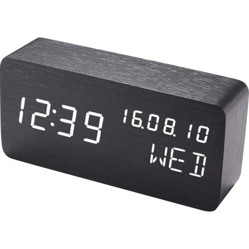 Desk Alarm Clock Wooden Clock with Voice Control Date Temperature Adjustable 3 Brightness LED Digital Alarm Clocks for Bedroom