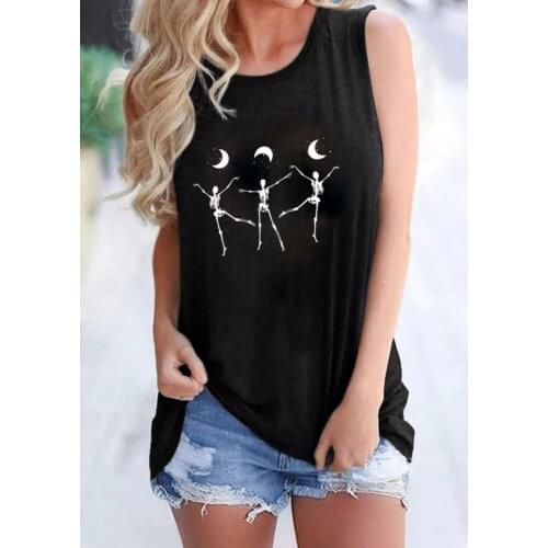 Dancing Skeletons Under Moon Tank top girl personality Funny Halloween Sleevele shirt women fashion casual vintage tops