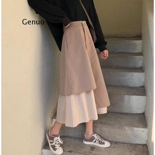 Vintage Autumn Winter Women Irregular Pleated Skirt Long Skirts Elastic Waist Boho Beige Maxi Skirts Faldas
