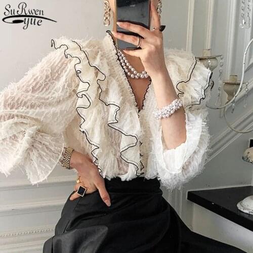 Spring 2021 New Korean Elegant Blouse Women Reffles Tops Fashion V Collar Temperament Lady Long Sleeve White Shirts Blusas 12902
