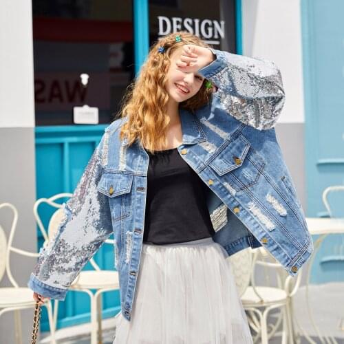 Spring 2021 New Plus Size Womens Sequins Hole Denim Jacket Vintage Harajuku Blue Casual Jeans Jacket Chaqueta Mujer Streetwear