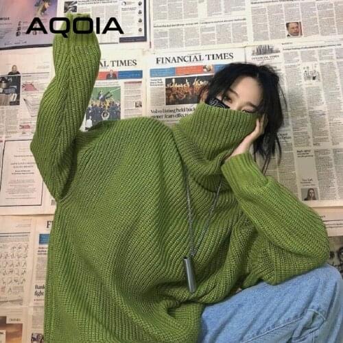 Autumn winter Streetwear Solid Color Women Knitted Sweaters 2020 Oversize Fashion Turtlenck Long Sleeve Loose Y2K Female Sweater