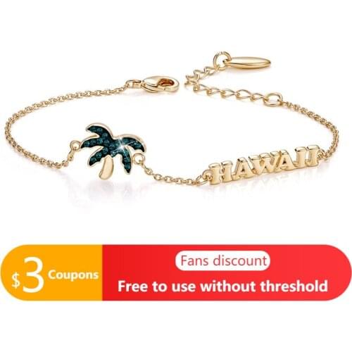AGATA Women Gold Bracelet Jewelry Embellished with Green Crystals Hawaiian Summer Beach Coconut Tree Letter Bracelet Jewelry