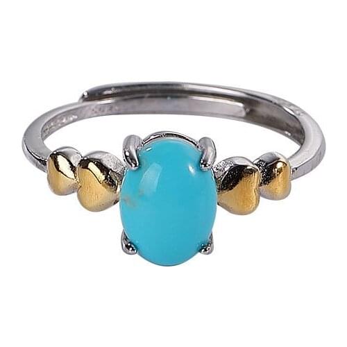 S925 sterling silver gold plated Inlay Natural turquoise Personality Temperament Heart shape Womens Opening Ring