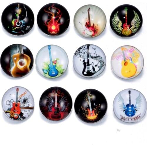 12pcs/lot Cool Music Guitar Pattern Charms 18mm Glass Snap Button For DIY Charms Bracelet 18mm Snaps Jewelry KZ0189