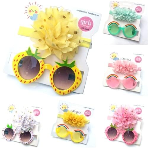 2Pcs/Set Turban Baby and Cartoon Rainbow Sunglasses Set Cute Chiffon Flowers Baby Elastic Hairband DIY Accessories