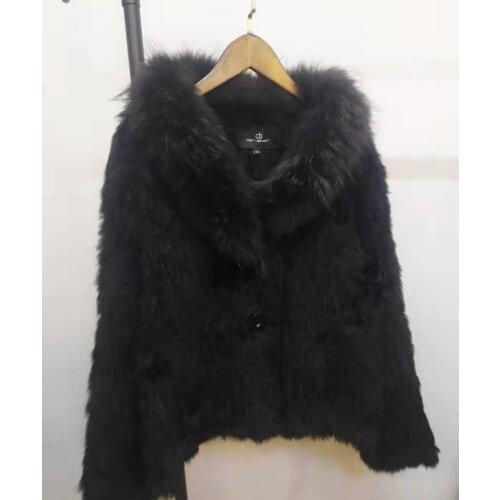 2021 Knitted real rabbit fur coat overcoat jacket with fox fur collar Russian womens winter thick warm genuine fur coat