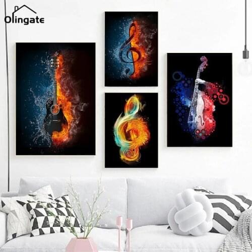 Abstract Water and Fire Musical Note Canvas Prints Posters Modern Street Violin Art Pictures for Living Room Bedroom Decoration