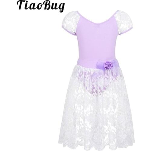 TiaoBug Kids Girls Puff Sleeve Tutu Ballet Dress Gymnastics Leotard with Lace Skirt Set Children Ballroom Lyrical Dance Costumes