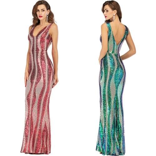 BE HYGGE 2021 Womens Fashion Winter Feast Sexy Deep V-Neck Sleeveless Magic Party Sequin Floor Long Dress