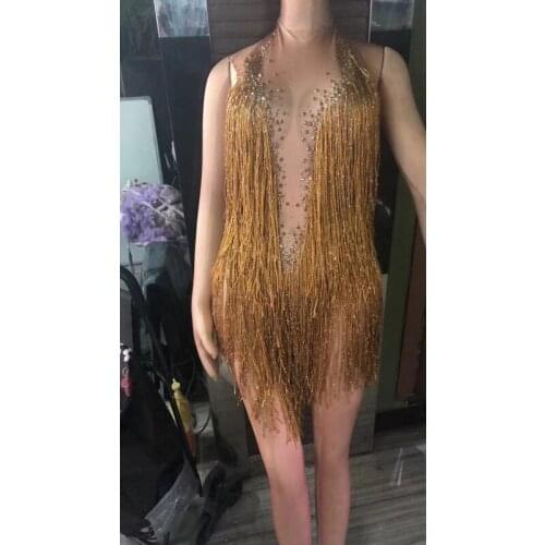 One-piece Dance Wear Singer Stage Leotard Headdress Sparkly Gold Tassel Bodysuit Rhinestones Outfit Glisten Beads Costume