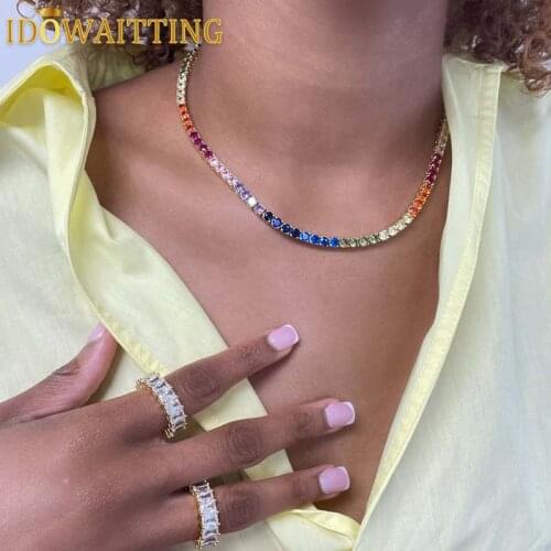Iced Out Bling 16" 18" 5mm Rose Gold Color Rainbow CZ Tennis Chain Choker Necklace Colorful Cubic Zirconia Women Fashion Jewelry