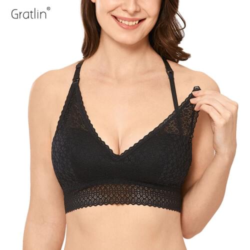 Gratlin Womens Lace Bralette Lightly Lined Wireless Maternity Breastfeeding Nursing Bra