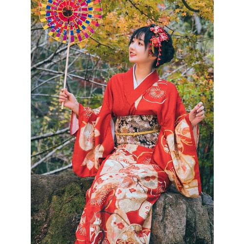 Womens Traditional Kimono Red Color Floral Prints Japan Style Summer Yukata Bathrobe Cosplay Wear Photography Clothing