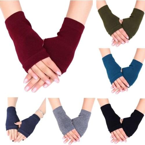 Unisex Cotton Knitted Fingerless Gloves Solid Color Stretchy Thumb Hole Wrist Length Driving Mittens Hand Warmers