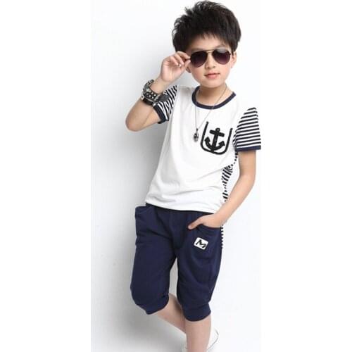 LOVE DD&MM Boys Clothing Sets 2021 Summer Children Clothing Girls Casual Striped Anchor Stitching Sport T-shirts + Pants Suits
