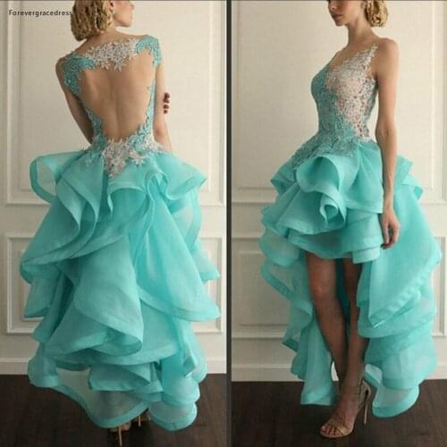 Mint Green Colour High Low Prom Dress Sexy Ruffles Organza Lace Quinceanera Party Gown